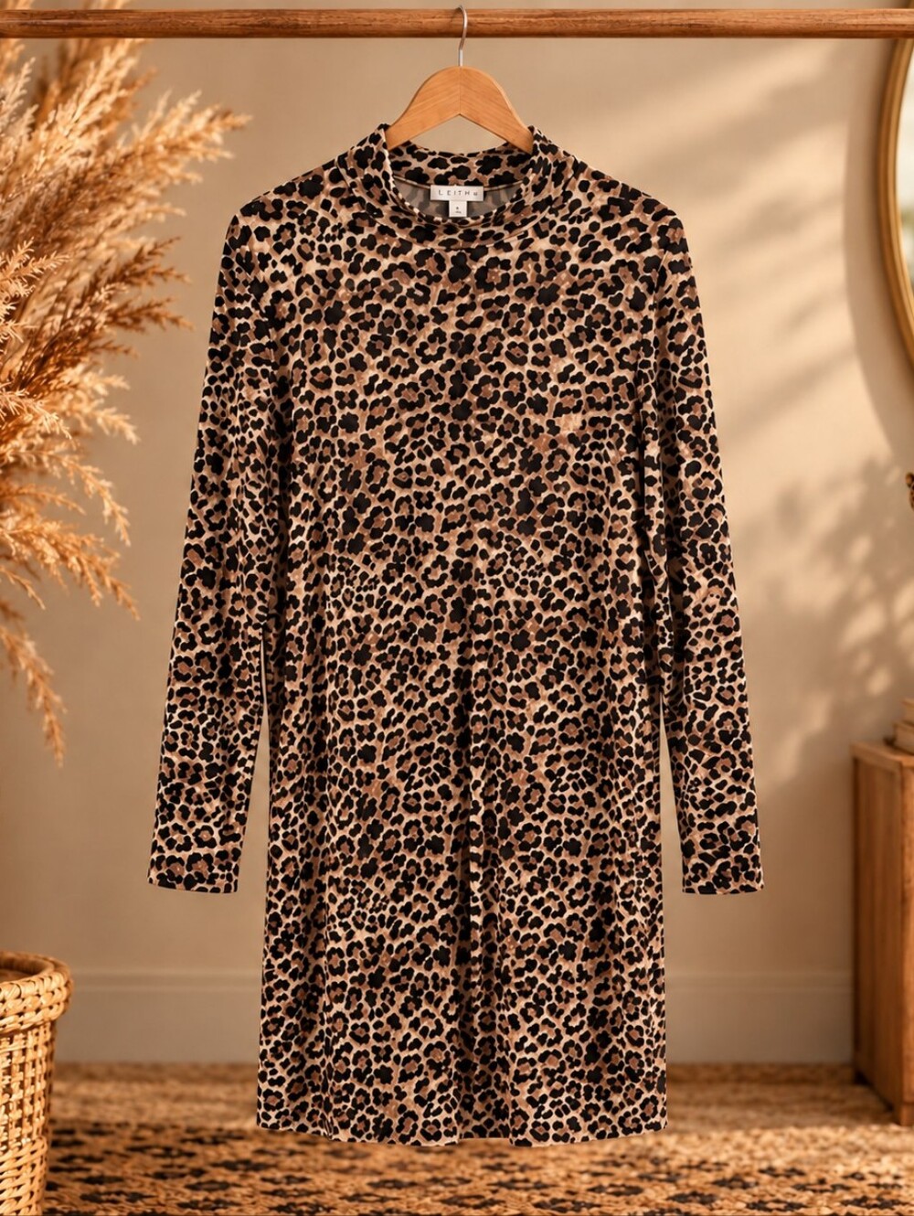 Leith Leopard Print Long Sleeve Mock Neck Midi Dress XL
